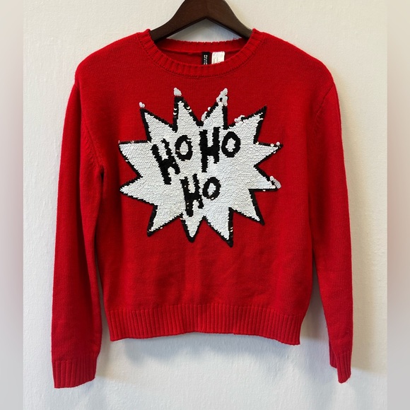 H&M Divided Sequin Flip Christmas Sweater Red XS Ho Ho Ho Yo Yo Yo - Picture 1 of 8